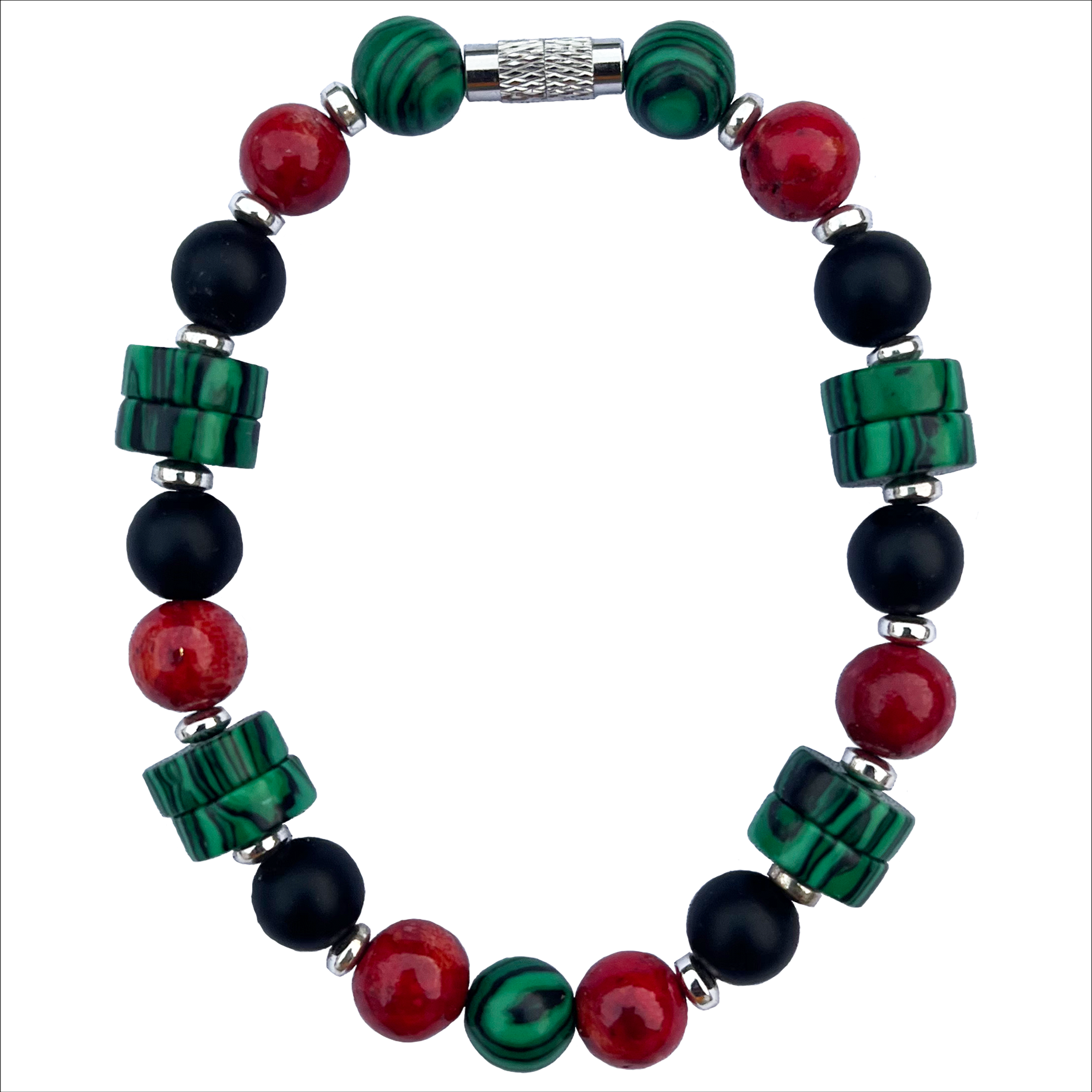 Malachite, Coral, and Onyx bracelet