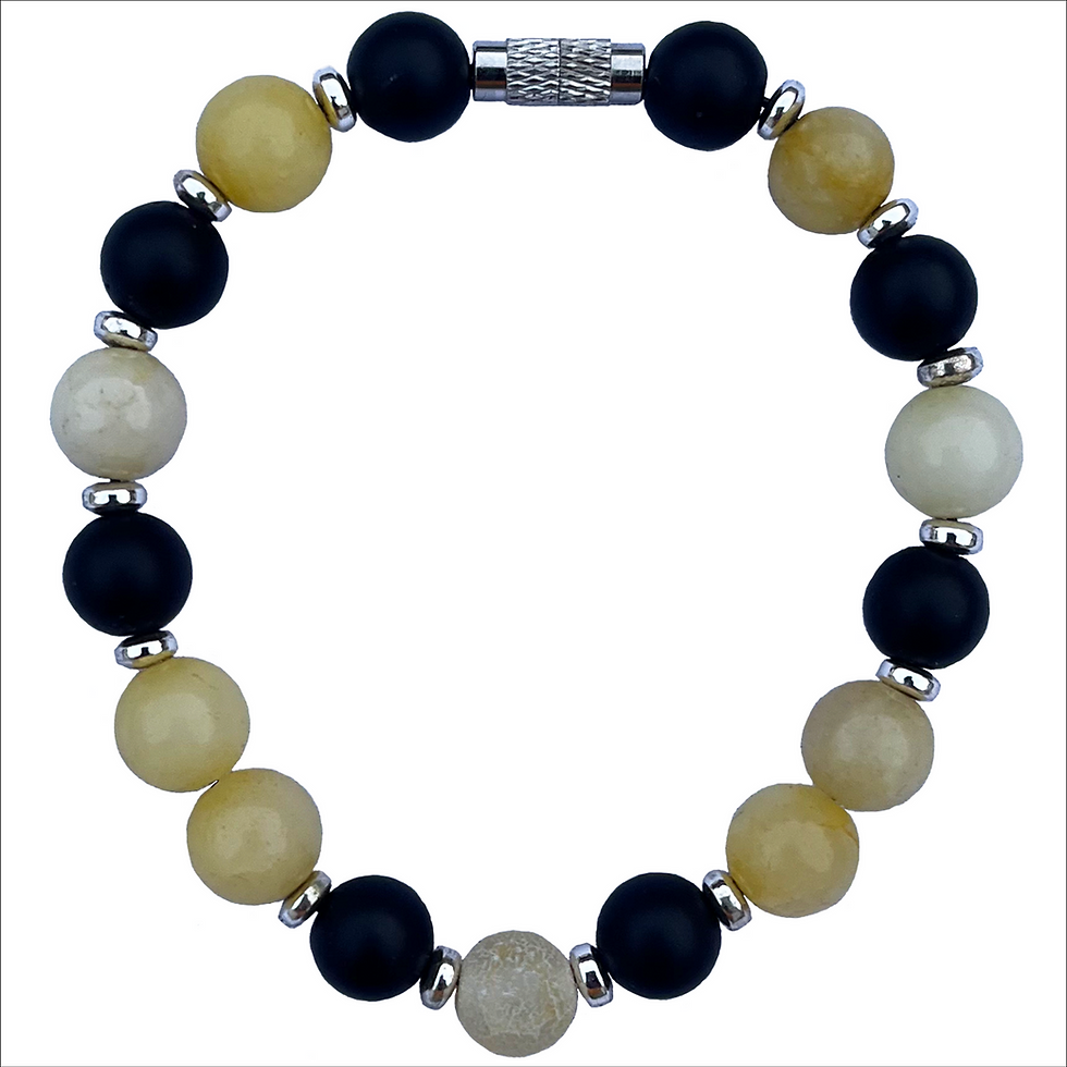 Yellow Calcite, Onyx, and silver Hematite bracelet