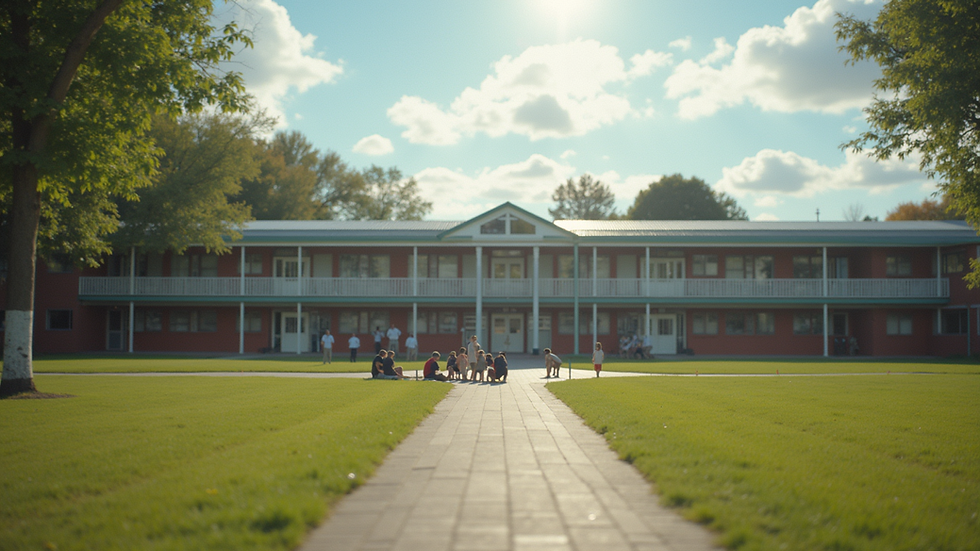 Eye-level view of a school building with students engaged in outdoor activities