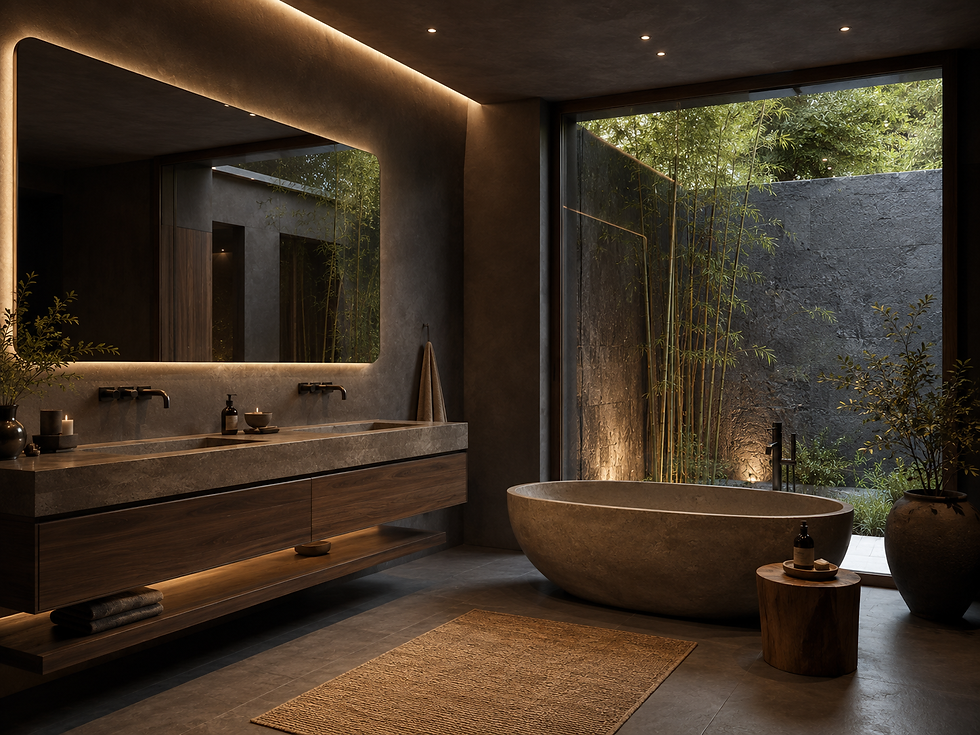 High-end luxury master bathroom, dark micro-cement walls, floating dark walnut vanity with integrated honed quartzite sink, backlit frameless mirror