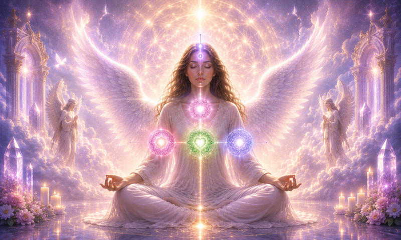 Meditating angelic woman with luminous wings and four glowing chakra centers in a lavender-and-gold celestial setting.