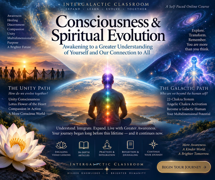 Consciousness and Spiritual Evolution course featuring a meditating person, Earth, cosmic imagery, chakras, unity consciousness, and multidimensional spiritual awakening.