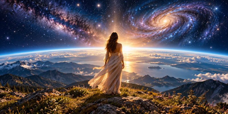 "A person stands on a mountain beneath a star-filled sky, looking toward Earth's glowing horizon and a spiral galaxy."