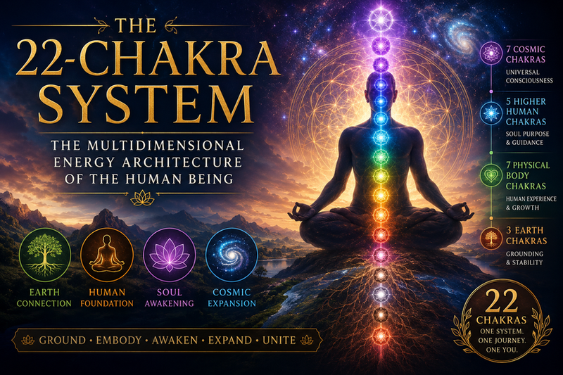 22-Chakra System course showing a meditating figure aligned with the chakras from Earth to cosmic consciousness.