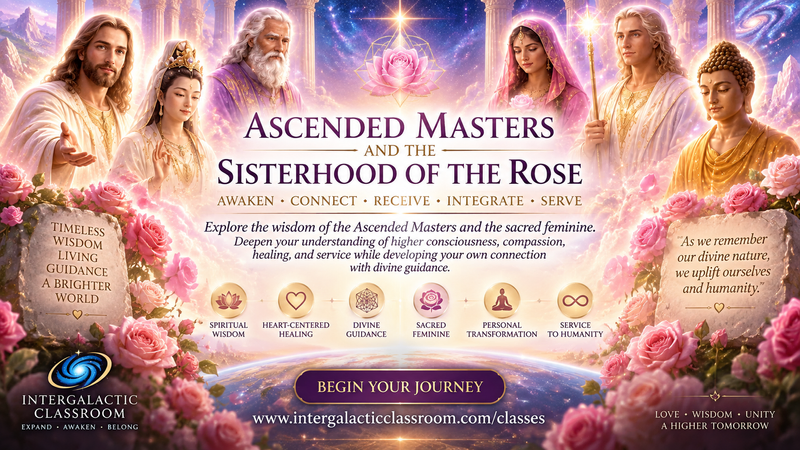 Ascended Masters and Sisterhood of the Rose spiritual course featuring radiant spiritual teachers, sacred feminine imagery, pink roses, and celestial light.