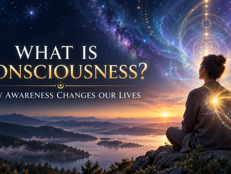 Person meditating at sunrise with expanding light representing consciousness and awareness