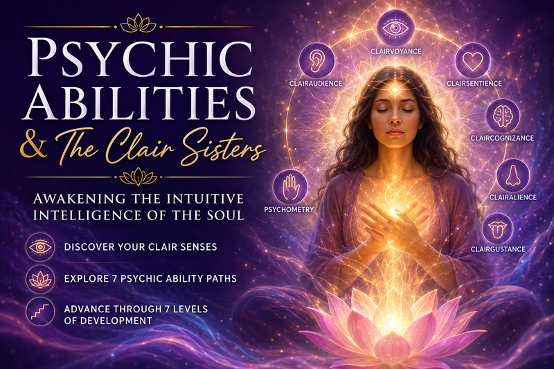 Psychic Abilities and the Clair Sisters class featuring a meditating woman surrounded by symbols representing the intuitive Clair senses.