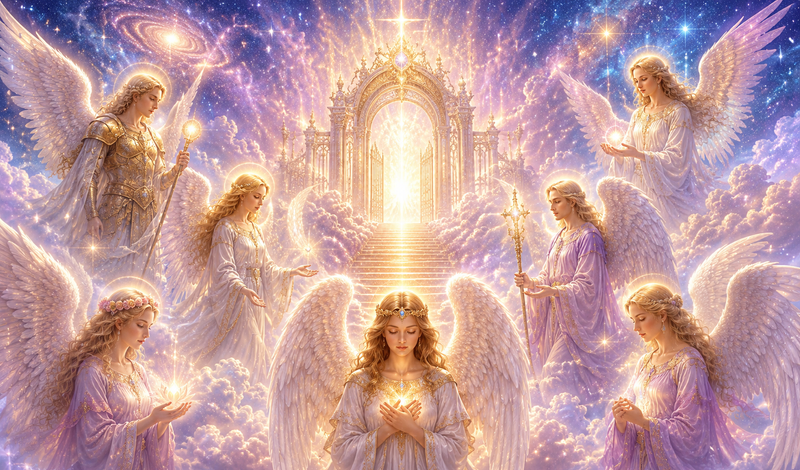 Angelic realms course featuring radiant angels and divine spiritual light
