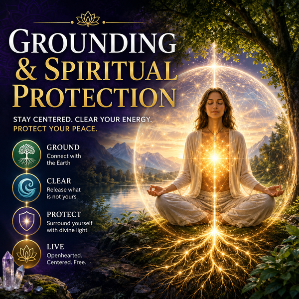 Woman meditating inside a golden sphere of light representing grounding, energy clearing, and spiritual protection.