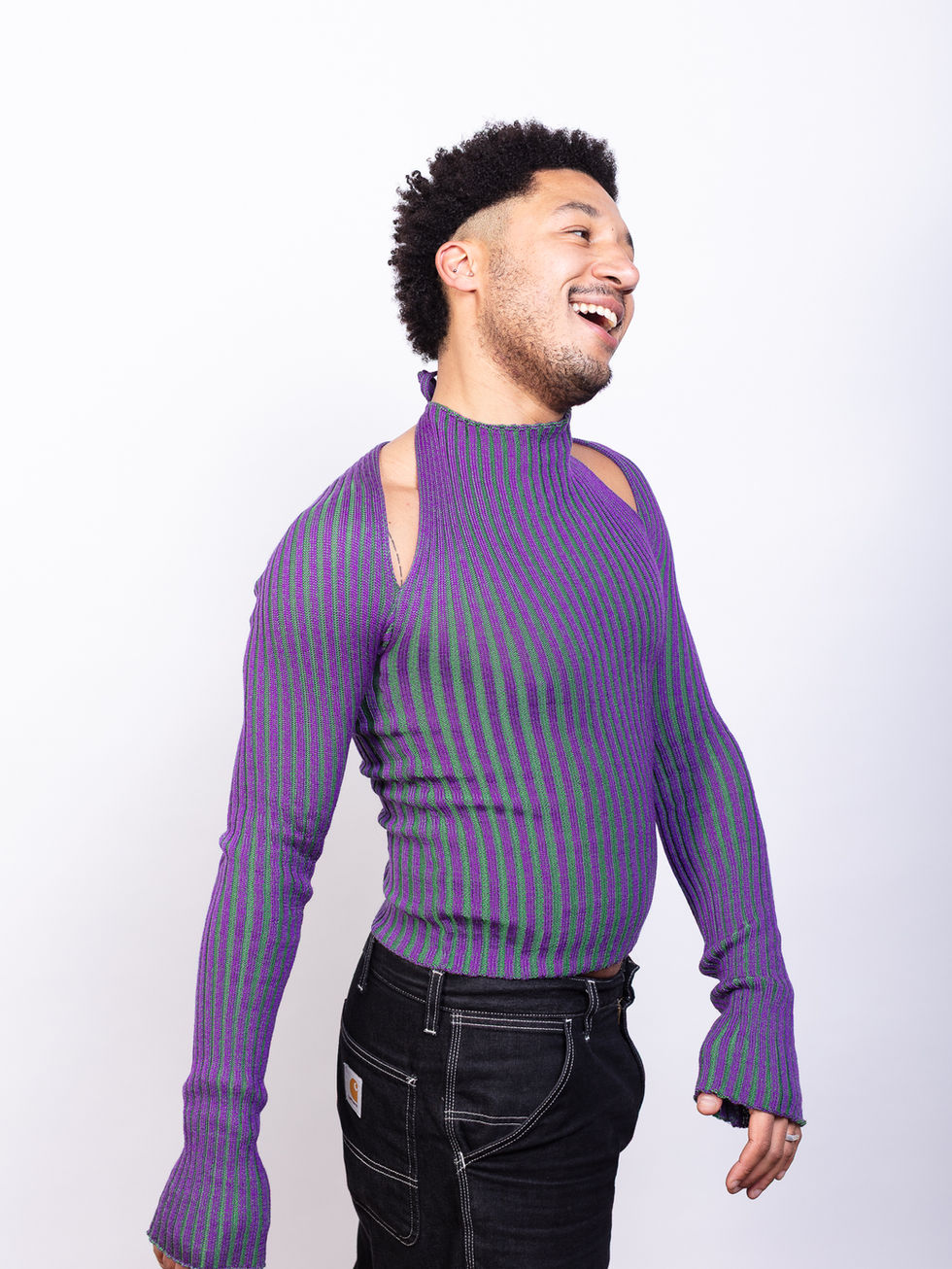 MAUD BRUNSTEIN Y Sweater, sculptural knit sweater made from repurposed luxury yarns with distinctive Y-shaped form.