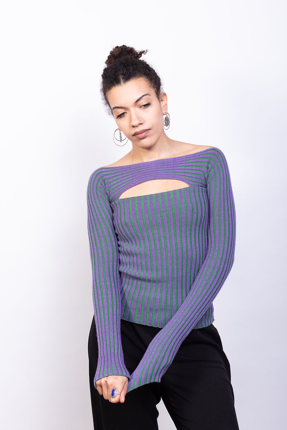 MAUD BRUNSTEIN T Sweater, off-the-shoulder knit made from repurposed luxury yarns with a fluid, sculptural fit.