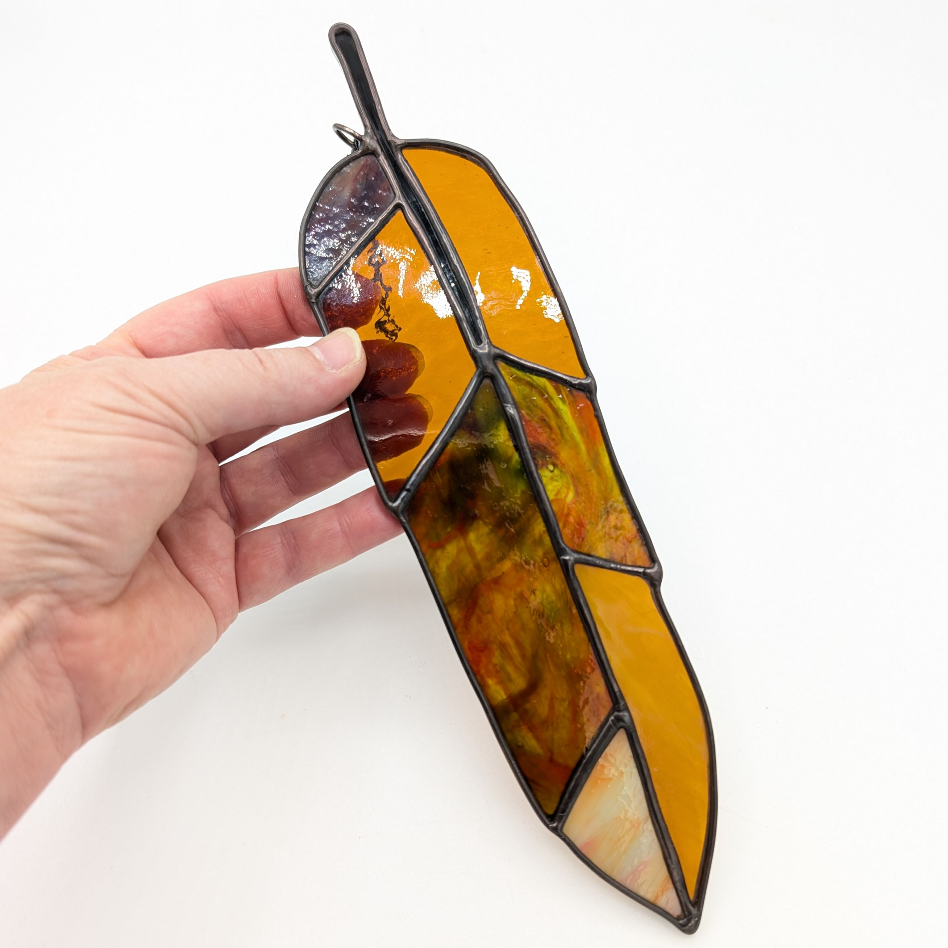 Feather Suncatcher - Brown, Amber Stained Glass