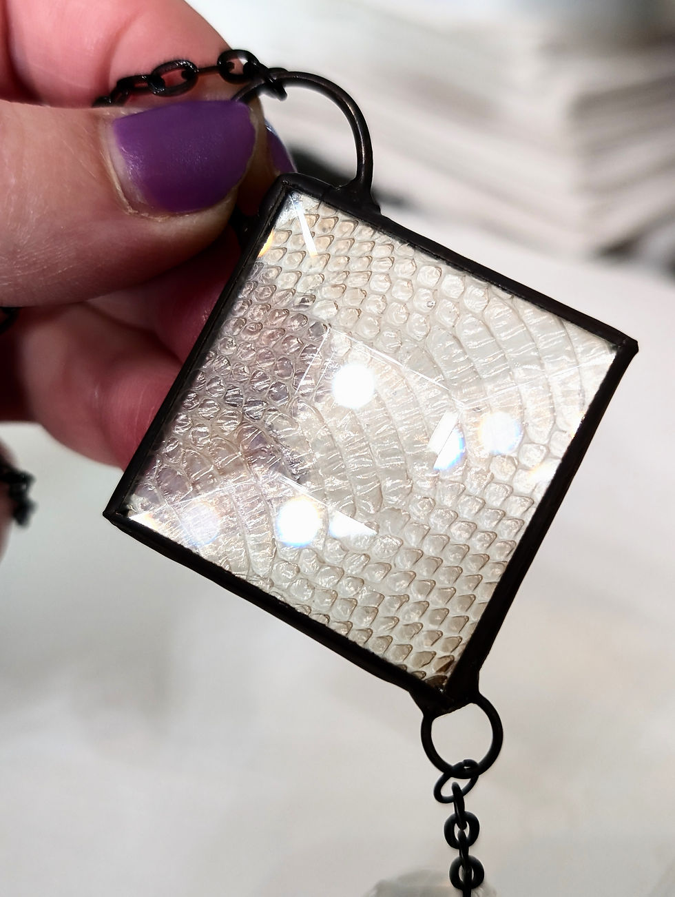 Thumbnail: Mini Snake Charmer Stained Glass Suncatcher, w/ Snake shed, crystal ball, bevel