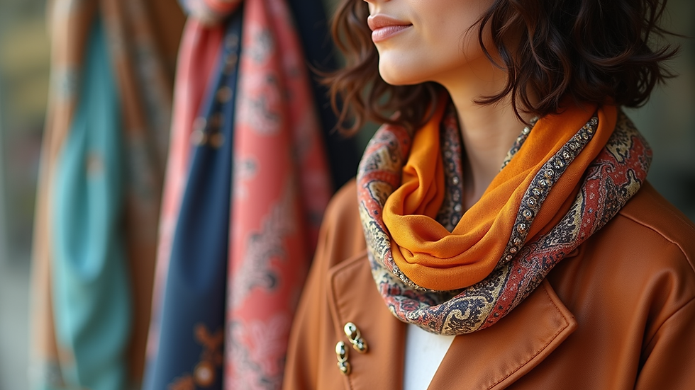 Eye-level view of a stylish accessory display featuring colorful scarves and statement jewelry