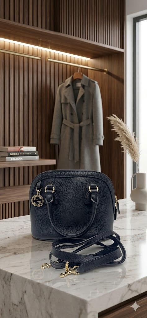 Gucci Small GG-Charm Dome Crossbody Bag in black pebbled leather.