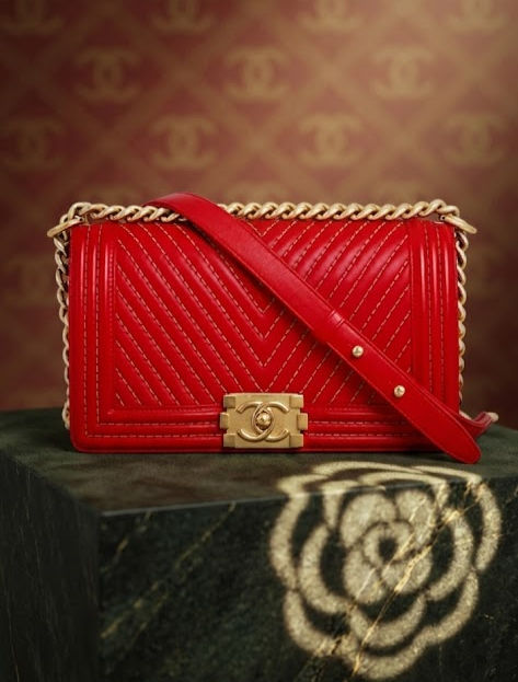 Chanel Boy Red Studded Chevron Old Medium