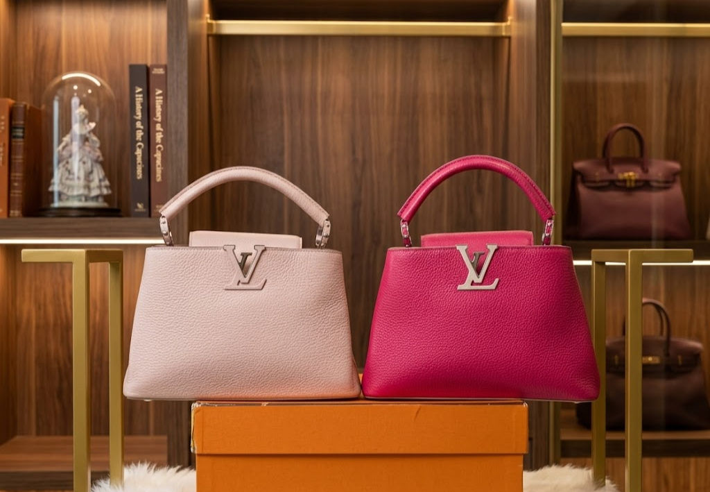 Louis Vuitton Capucines BB handbags in pink and red Taurillon leather