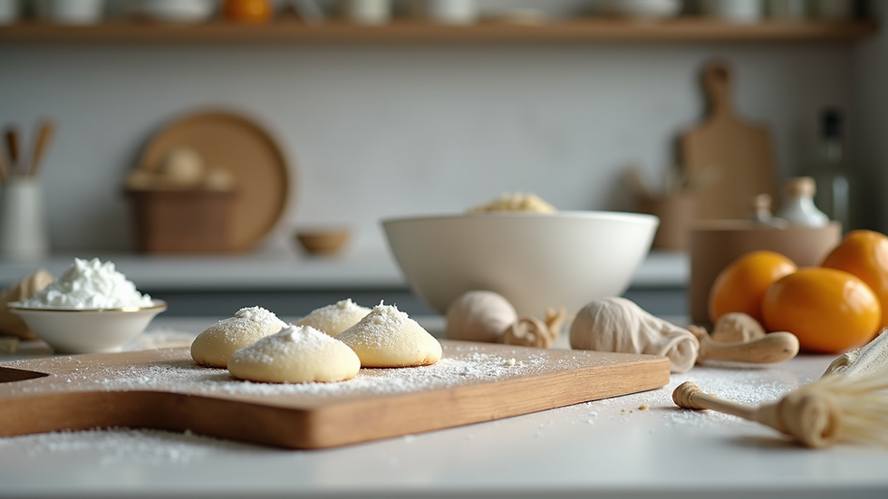 Close-up view of a kitchen counter with baking ingredients and a mixing bowl