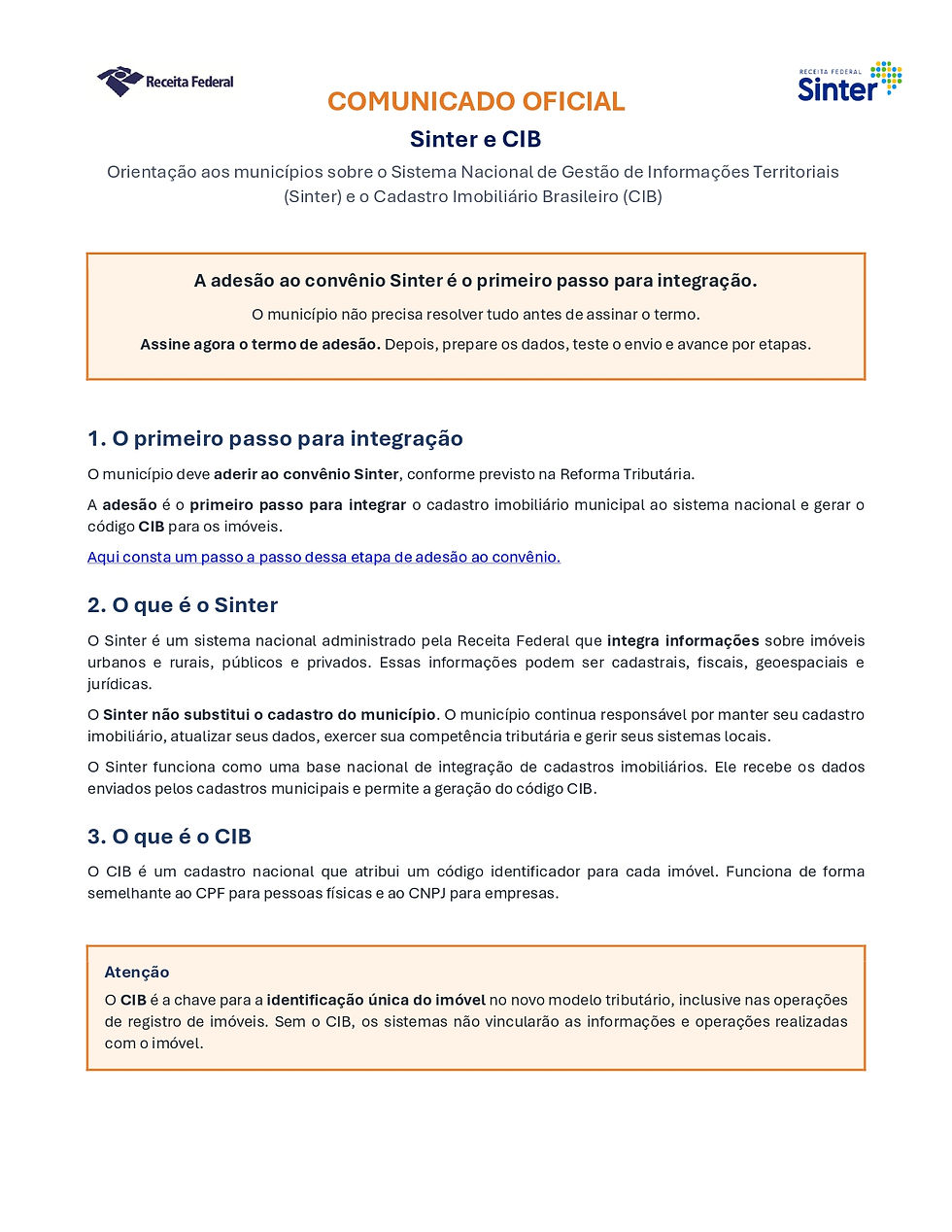 Comunicado Sinter e CIB - Orientação aos municípios sobre o Sistema Nacional de Gestão de Informações Territoriais (Sinter) e o Cadastro Imobiliário Brasileiro (CIB)