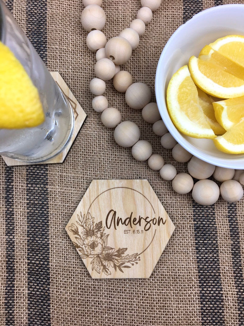 Thumbnail: Custom name hexagon rustic wooden coasters