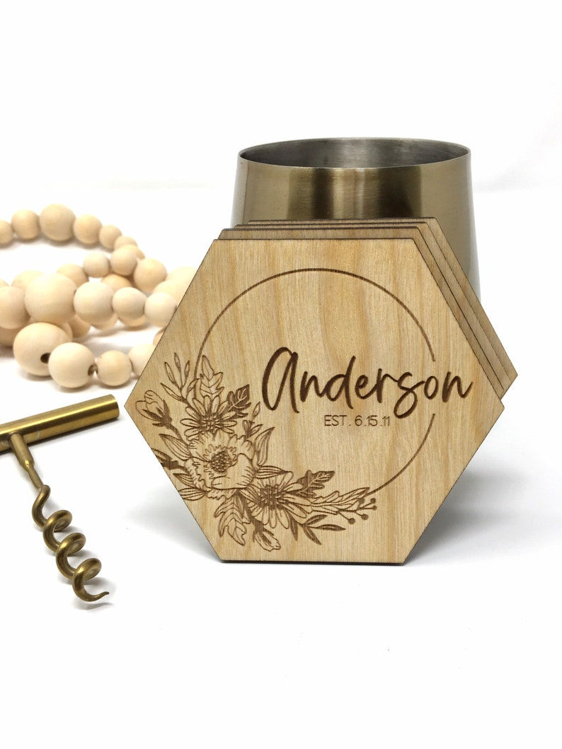 Custom name hexagon rustic wooden coasters