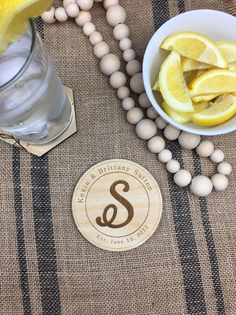 Thumbnail: Custom name round rustic wooden coasters