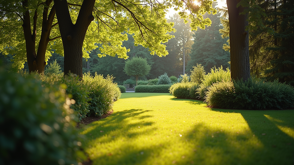 High angle view of a peaceful garden with sunlight filtering through trees