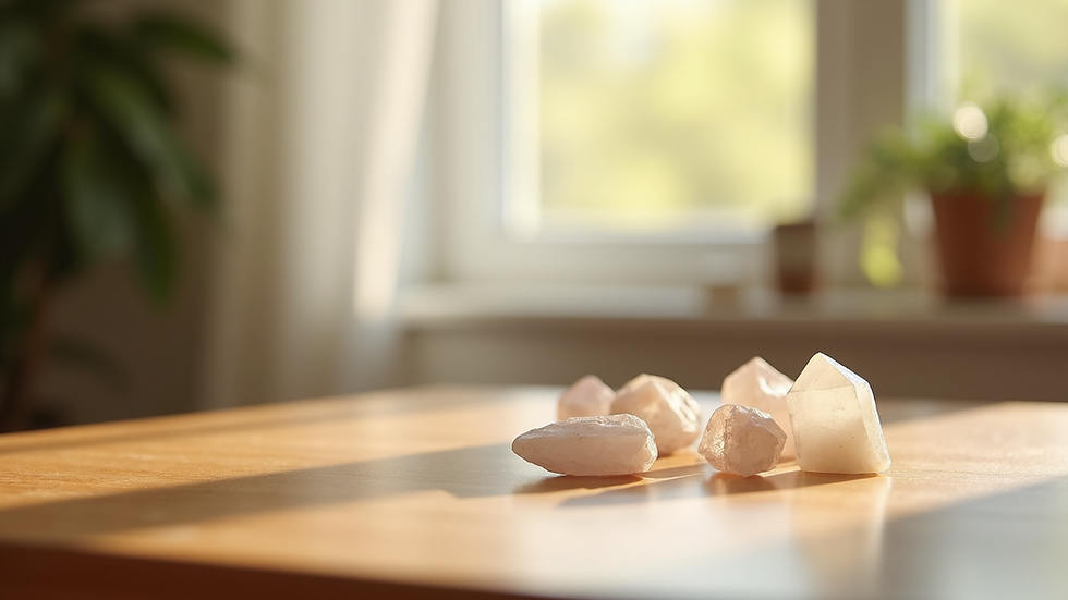 Eye-level view of a serene room with soft natural light and healing crystals on a wooden table