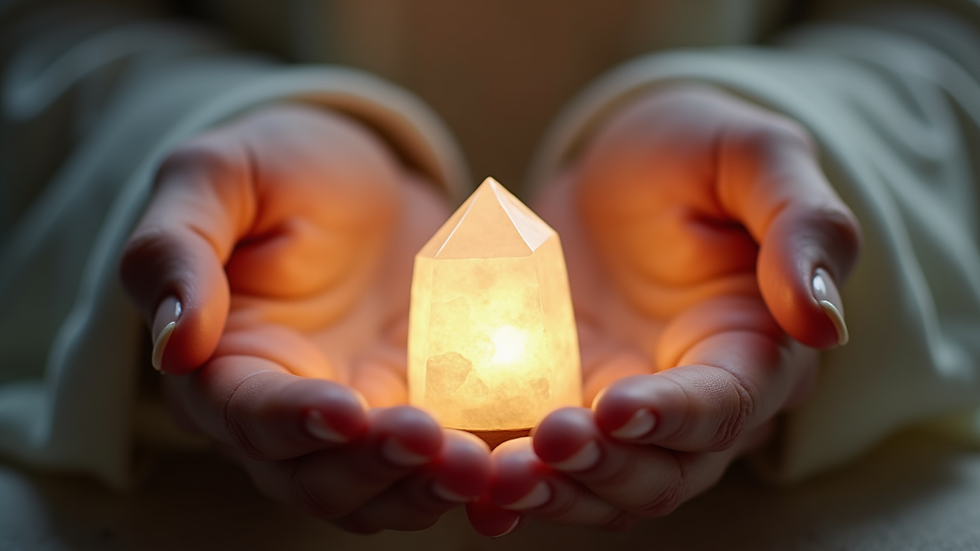 Close-up view of a Reiki practitioner’s hands hovering over a crystal