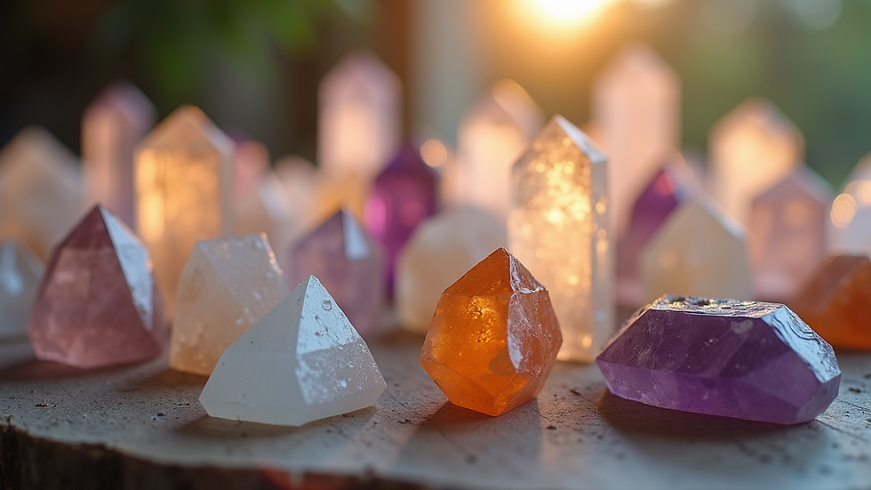 Close-up view of a crystal grid arranged for energy healing