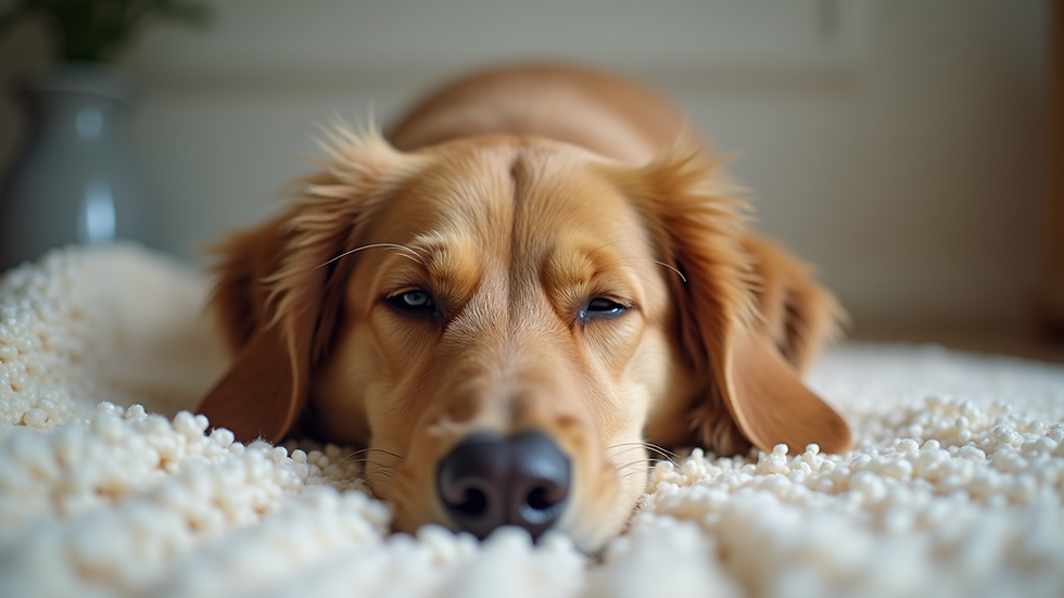 Eye-level view of a peaceful dog resting on a soft blanket