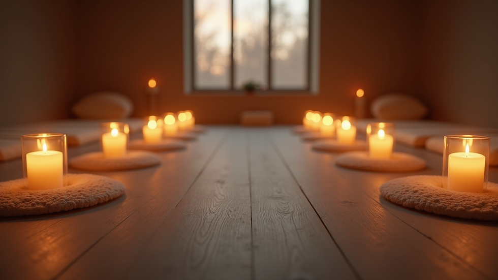Eye-level view of a serene meditation space with candles and cushions