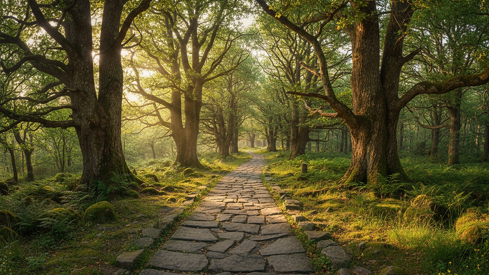 Wide-angle view of a quiet forest path with sunlight filtering through tall trees.