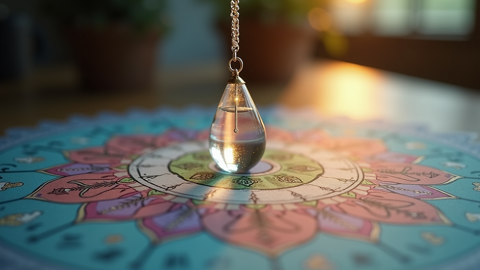 Close-up view of a crystal pendulum hovering over a softly glowing chakra chart