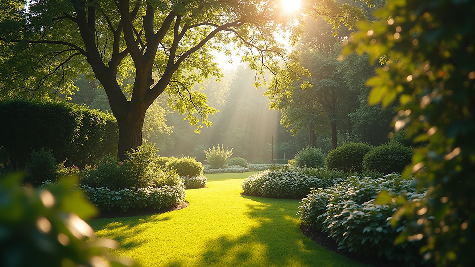 High angle view of a serene garden with soft sunlight filtering through trees
