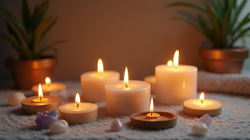 Eye-level view of a peaceful Reiki healing space with candles and crystals