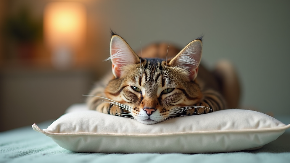Eye-level view of a cat resting comfortably on a cushion during a Reiki session