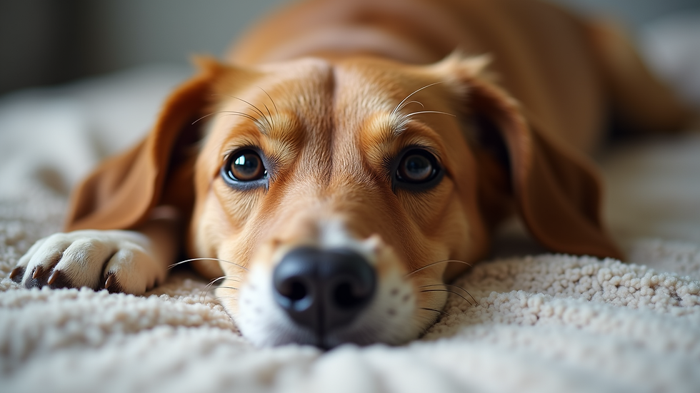 Eye-level view of a calm dog resting on a soft blanket
