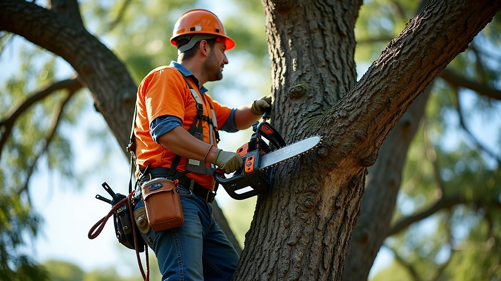 Eye-level view of a professional arborist trimming a large oak tree