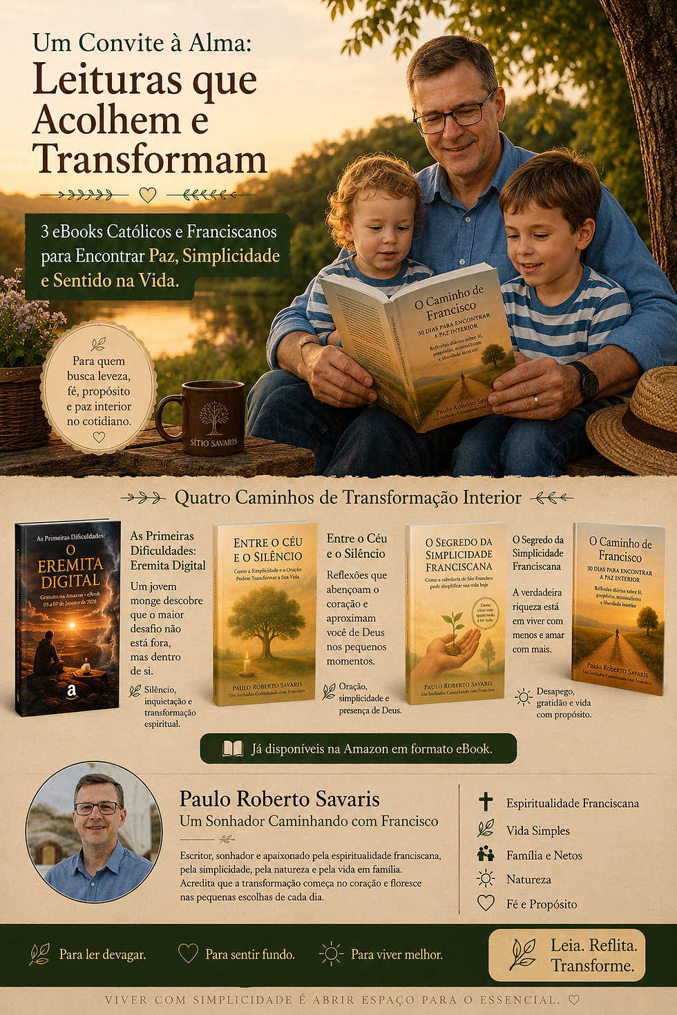 “Avô lendo um livro com os netos em meio à natureza no Sítio Savaris, representando espiritualidade franciscana, simplicidade e vida em família.”