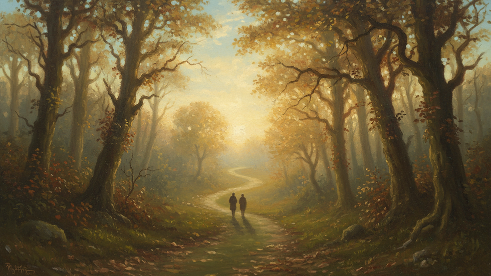 High angle view of a quiet path through a forest in soft morning light