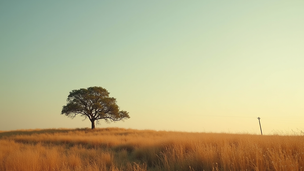Vista aérea de um campo aberto com uma pequena capela ao fundo