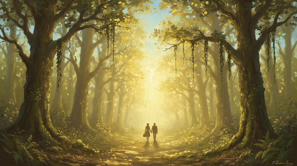 eye-level view of a quiet forest path with soft sunlight filtering through the leaves