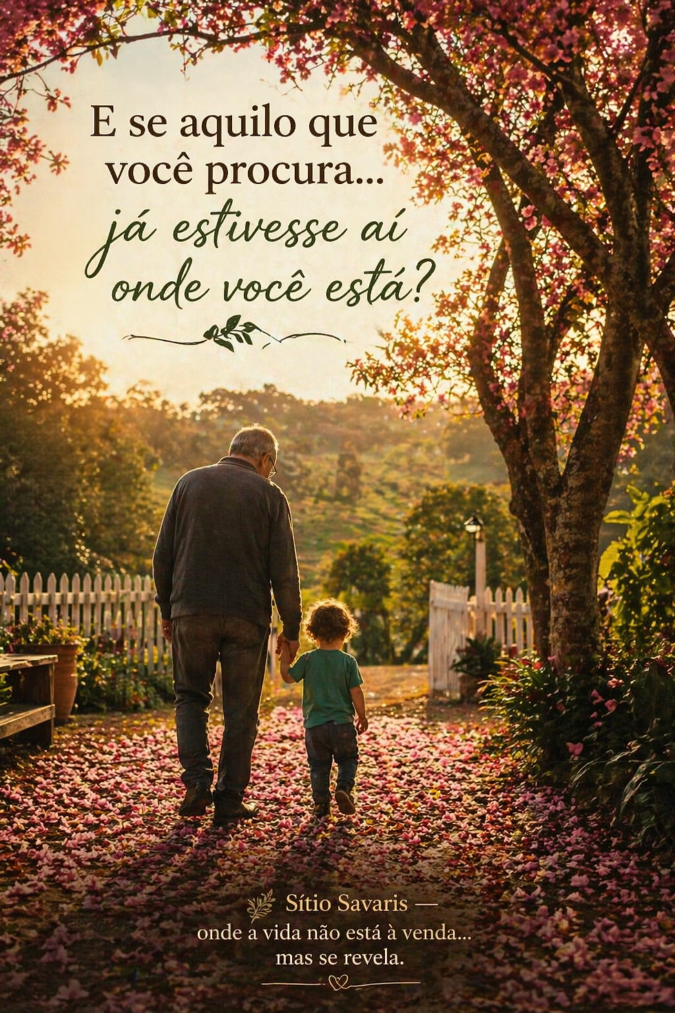 Vovô Paulo e seu neto Noah caminham suavemente sob o delicado espetáculo das flores de cerejeira do Japão.