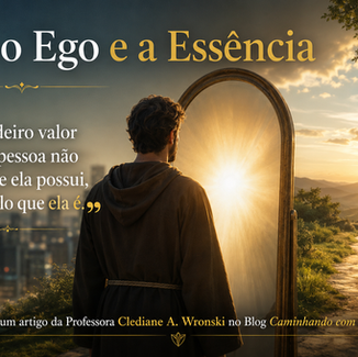 Pessoa diante de um espelho contemplando uma luz que representa a essência humana iluminada por Deus, simbolizando a escolha entre o ego e a verdadeira identidade.