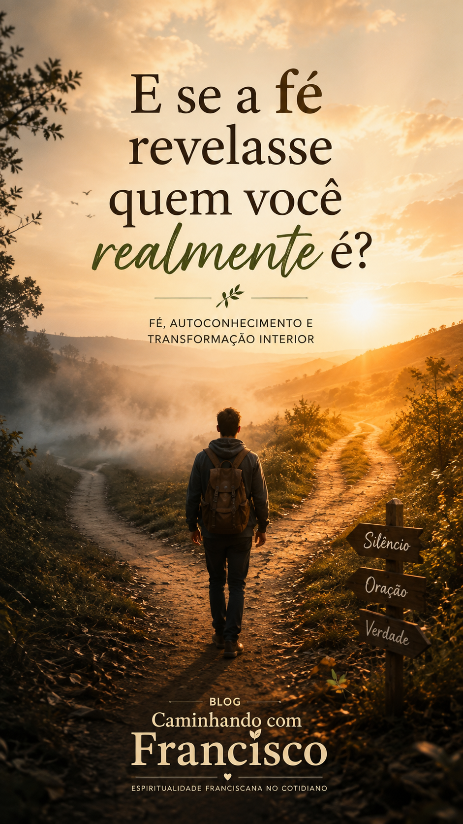 uma pessoa caminhando sozinha por uma estrada simples ao amanhecer, enquanto à frente existe uma bifurcação. Um dos caminhos permanece parcialmente encoberto por uma névoa suave e o outro recebe a luz dourada do amanhecer. A pessoa está de costas, sem características faciais definidas, transmitindo introspecção e escolha. Pequenos elementos naturais — folhas, capim, pássaros ao longe — sugerem simplicidade e contemplação.