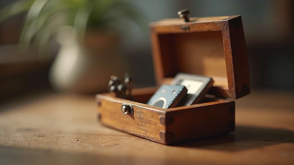 Close-up view of a small wooden box with a few personal items inside