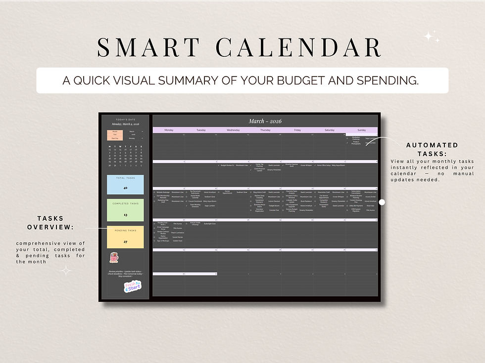 Thumbnail: Dark mode calendar tab displaying monthly planner view with scheduled tasks and events in black theme spreadsheet