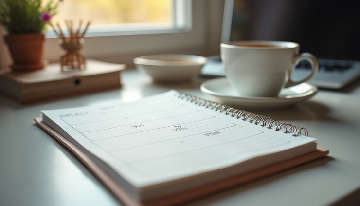 Eye-level view of a minimalist desk with a task tracker notebook and a cup of coffee