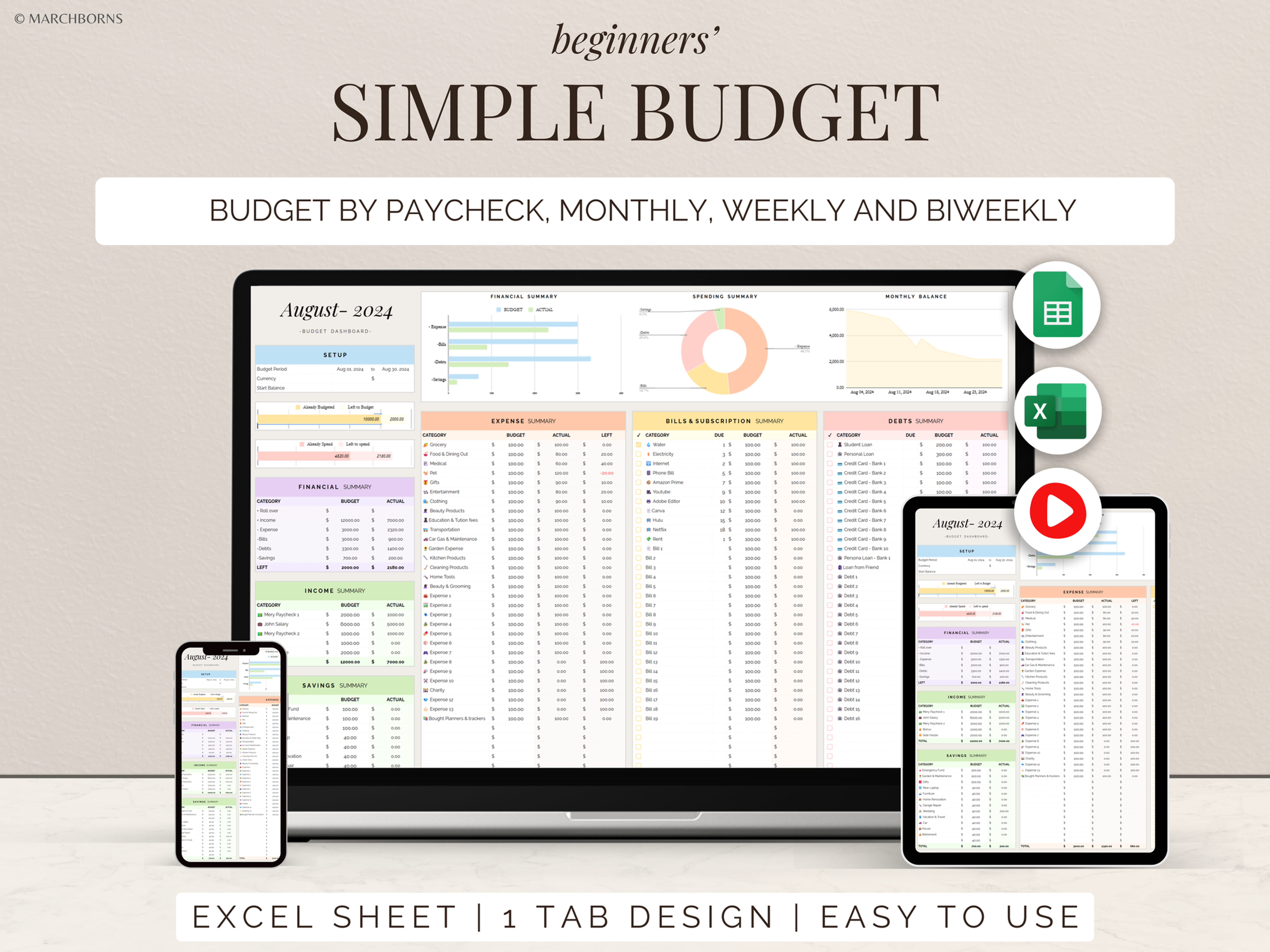 Simple budget spreadsheet dashboard in Google Sheets with income and expense summary totals monthly budget planner